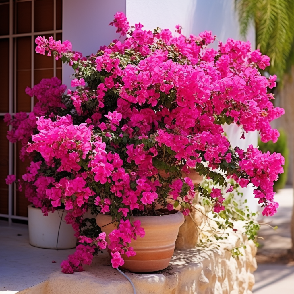 Miami pink bougainvillea in terracotta pot on sunny patio.