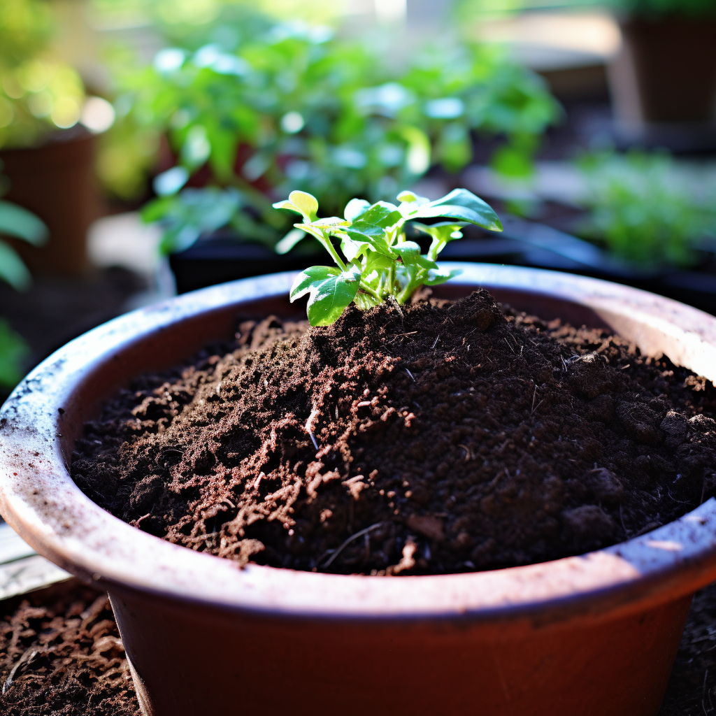 Young basil plant in terracotta pot with fertile soil for sale in a Kendall Garden Center