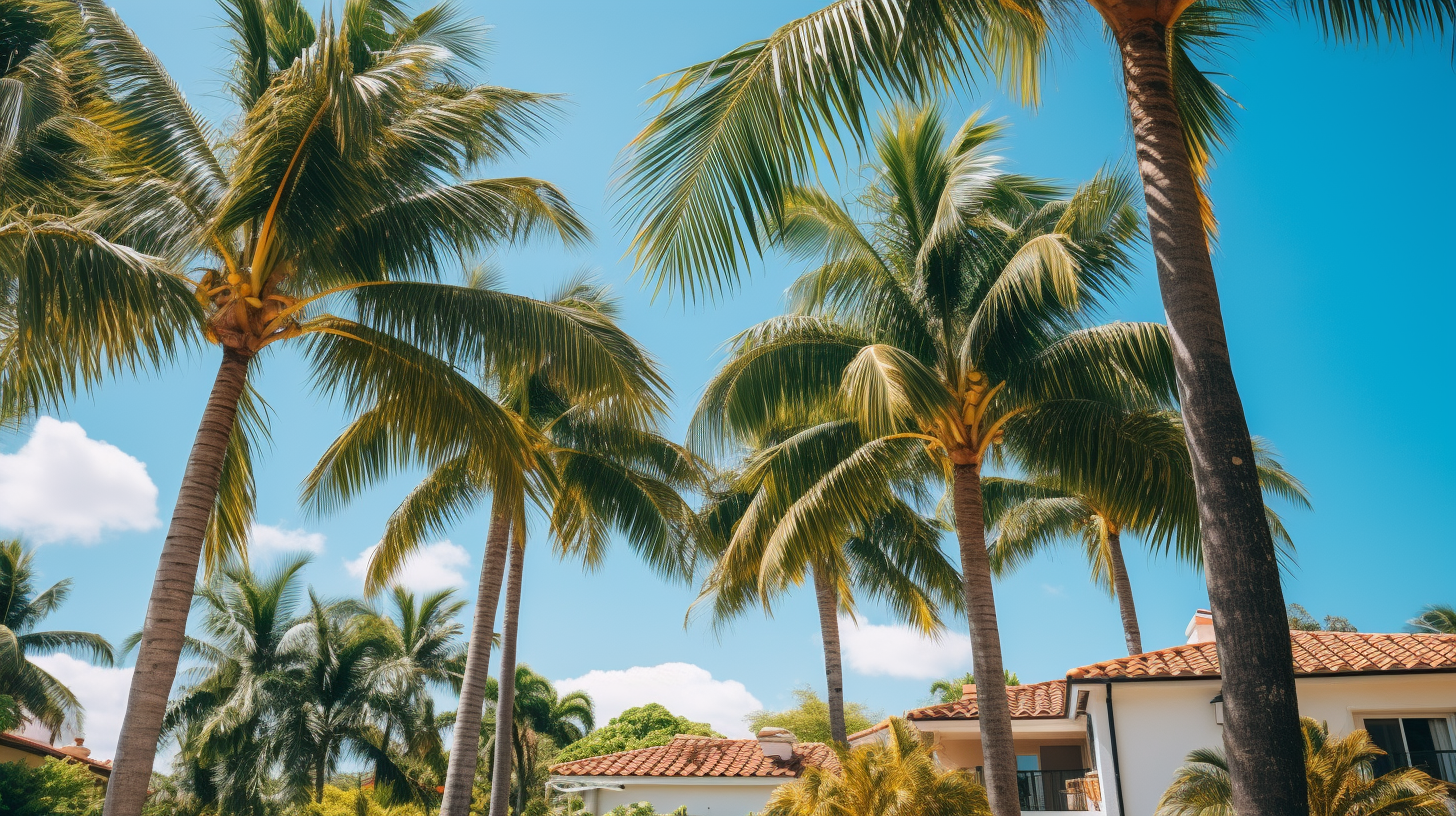 Tall palm trees outside a residence in Miami.