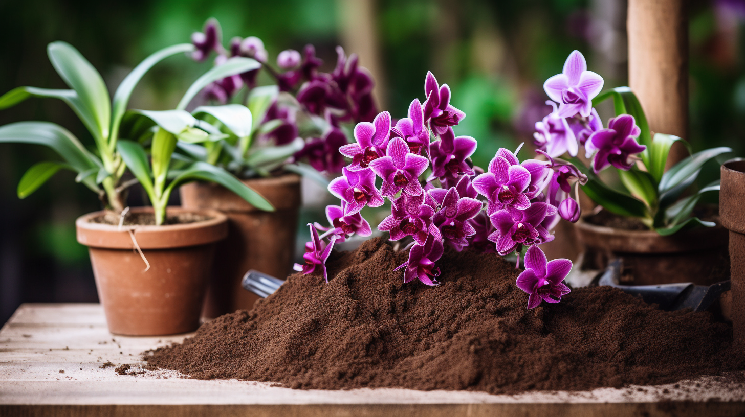 Vibrant purple orchids and gardening tools on soil for repotting in Margaritas Gardens Center