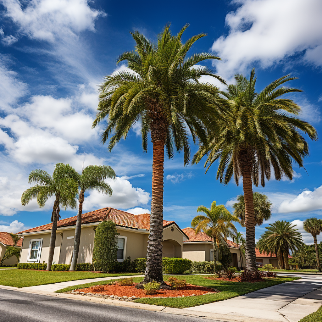 Miami home with palm trees against a vibrant blue sky.