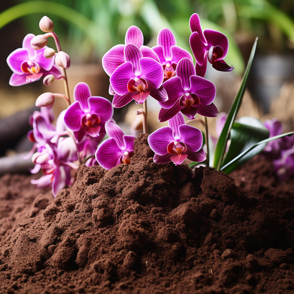 Vibrant purple orchids blooming in rich fertilized soil in a garden center and plant nursery in Kendall