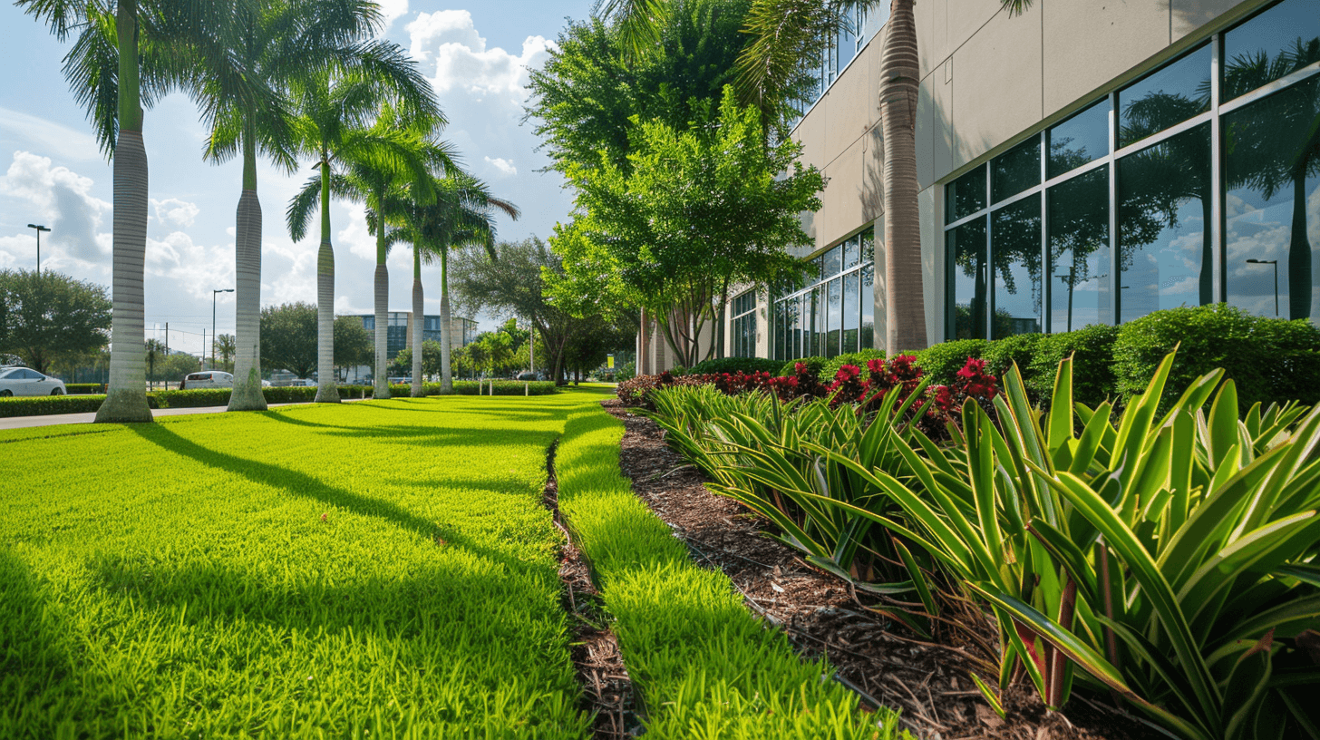 Commercial landscape in Miami with palm trees and vibrant flower beds.