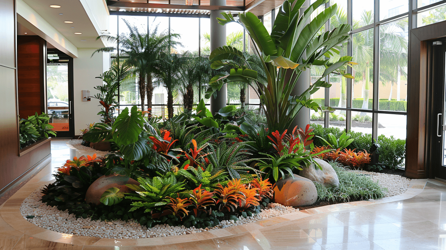 Interior garden in a Miami building lobby with tropical plants