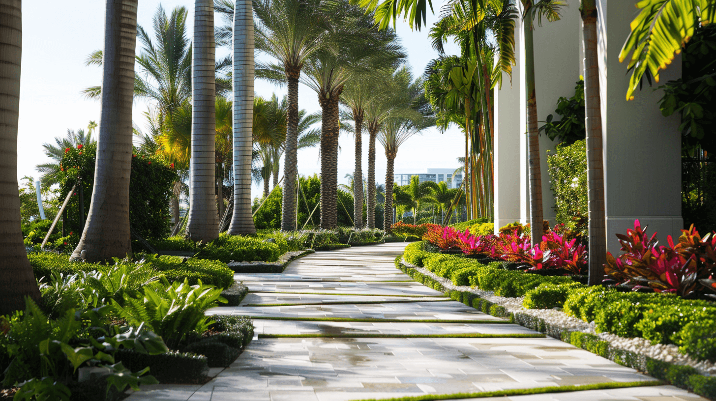 Exterior liandscape designed with palm trees and vibrant tropical shrubs in a Miami commercial building.