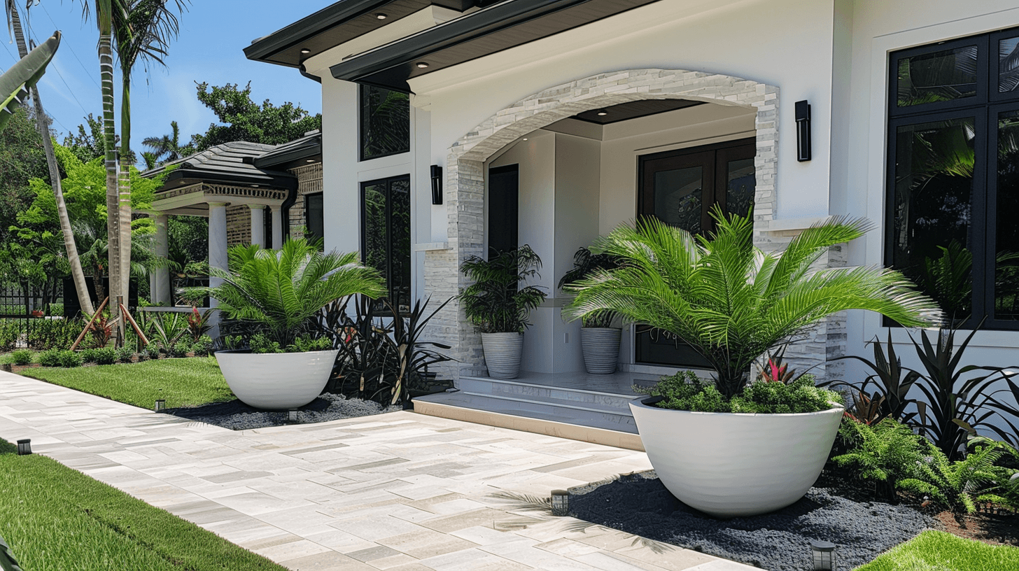 Miami home with large white planters and small palm trees