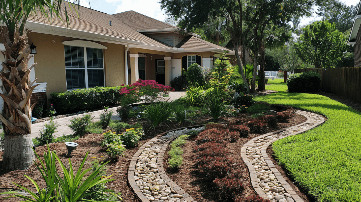 Residential landscape with pebble stones and outdoor plants.