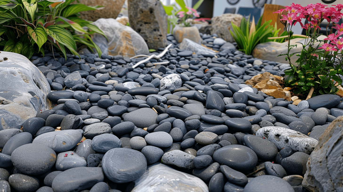 Smooth Miami Beach pebble stones with flowering plants in a garden setting.