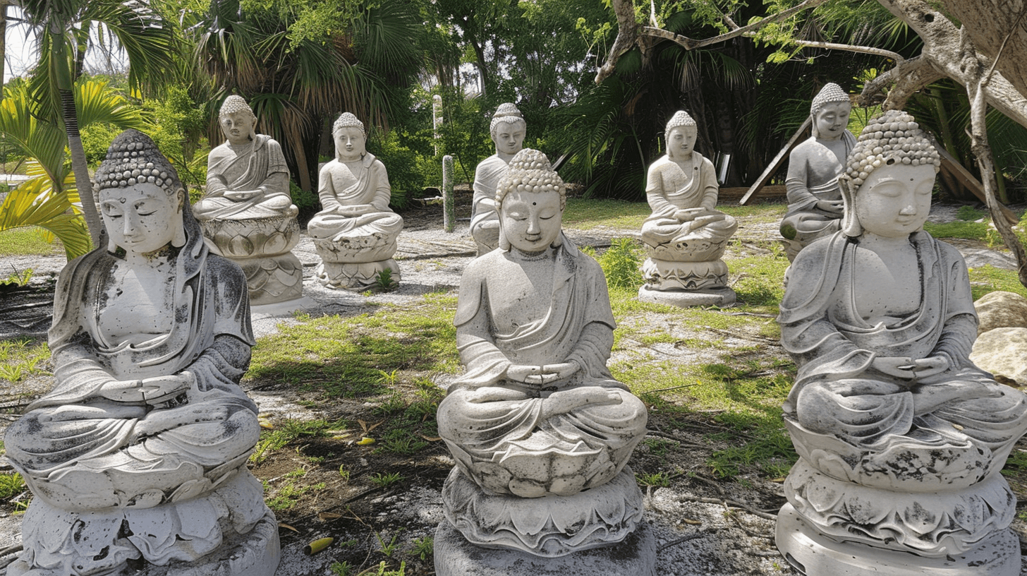 Row of serene Buddha statues in a Miami garden