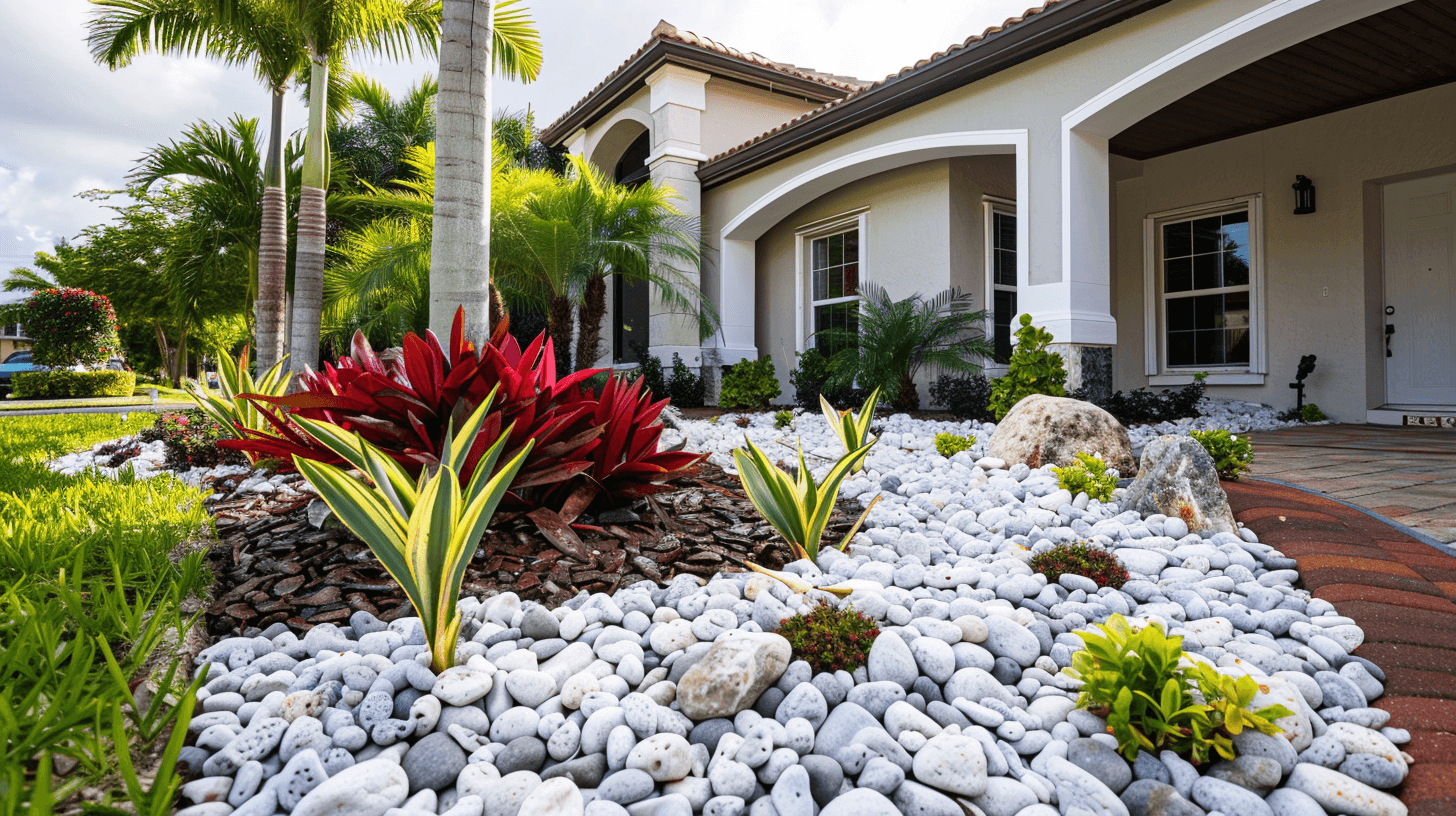 Tropical garden landscaping with decorative garden stones and colorful plants in front of a Miami home