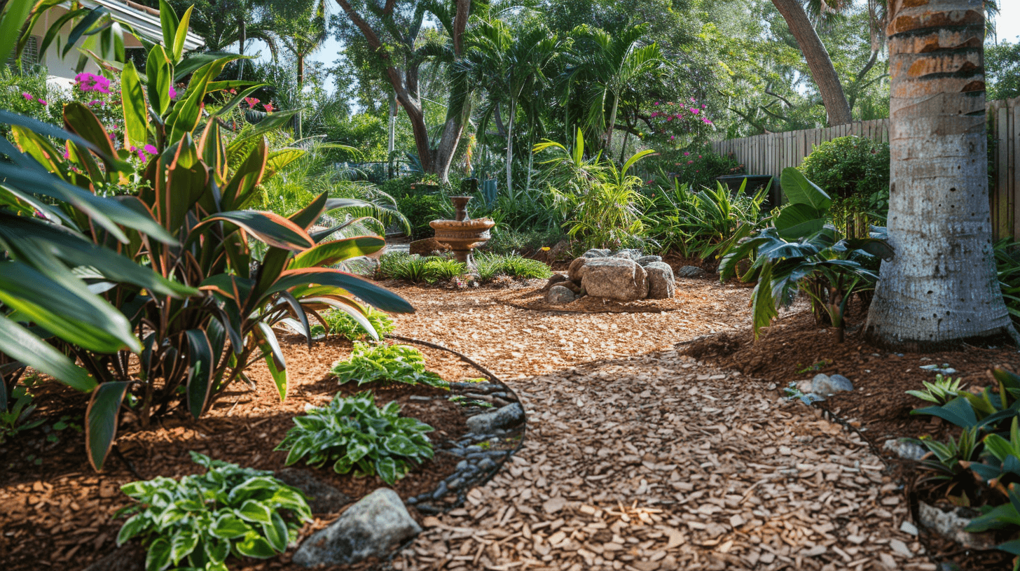 Lush Miami garden with mulch paths, tropical plants, and stone decor.