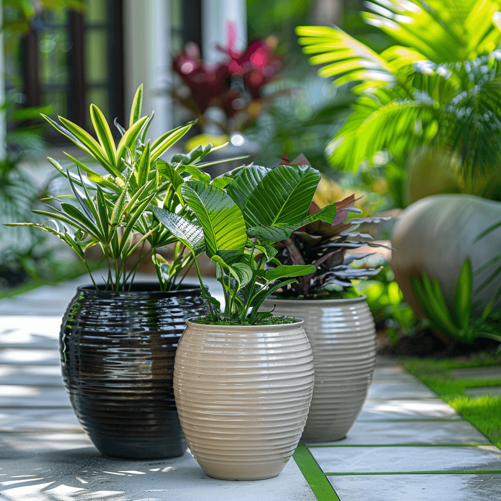 Outdoor Miami garden with ceramic pots containing lush tropical plants