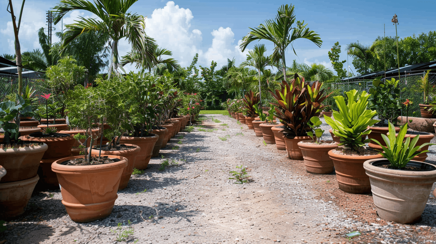 Large clay planter pots with tropical plants lined up in an outdoor Miami nursery