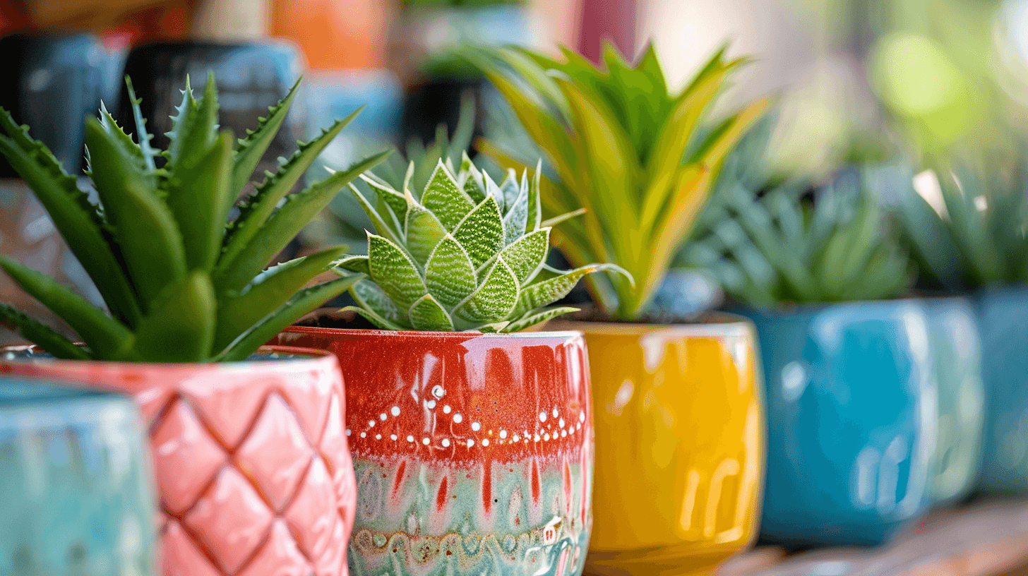 Indoors ceramic planters with succulents on a wooden shelf for sale in Kendall nursery.