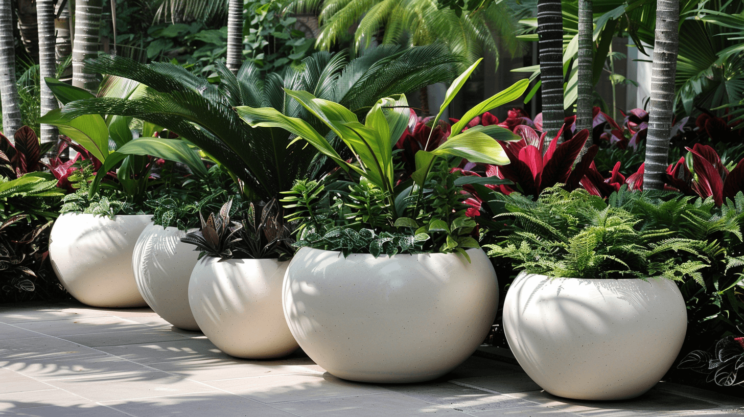 Large round ceramic planters with lush greenery on a sunny patio in Kendall