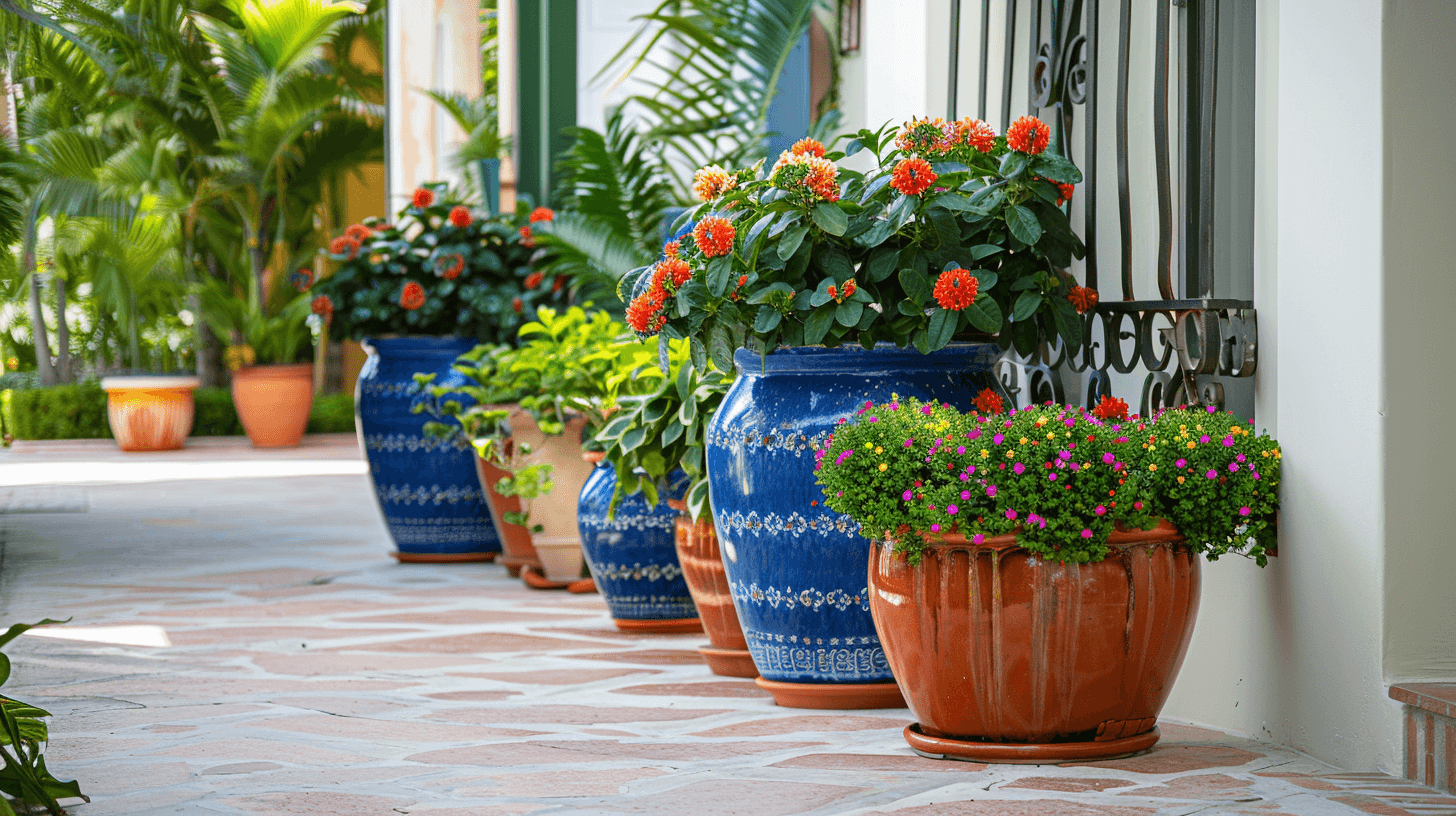 Spanish-style planters with vibrant colors, lining a sunny patio pathway in a Miami home.