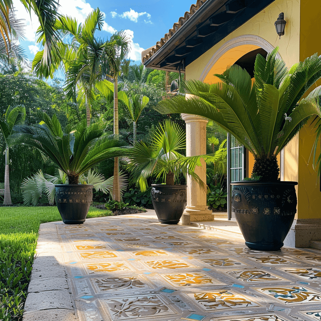 Large Mexican ceramic pots with tropical plants adorning a Spanish-style courtyard.