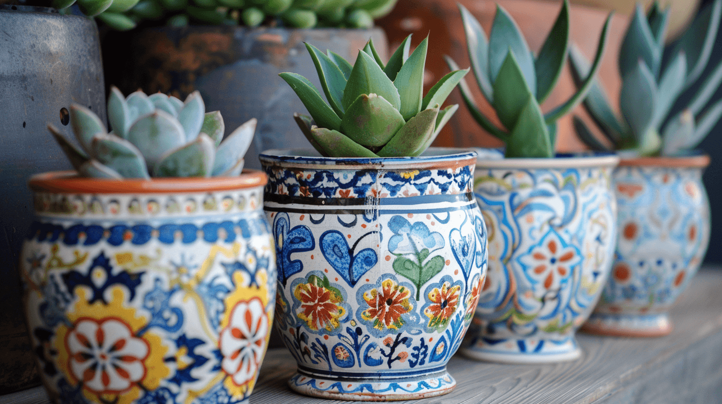 Assorted succulents in colorful Talavera-style pots for sale on Margaritas Nursery.