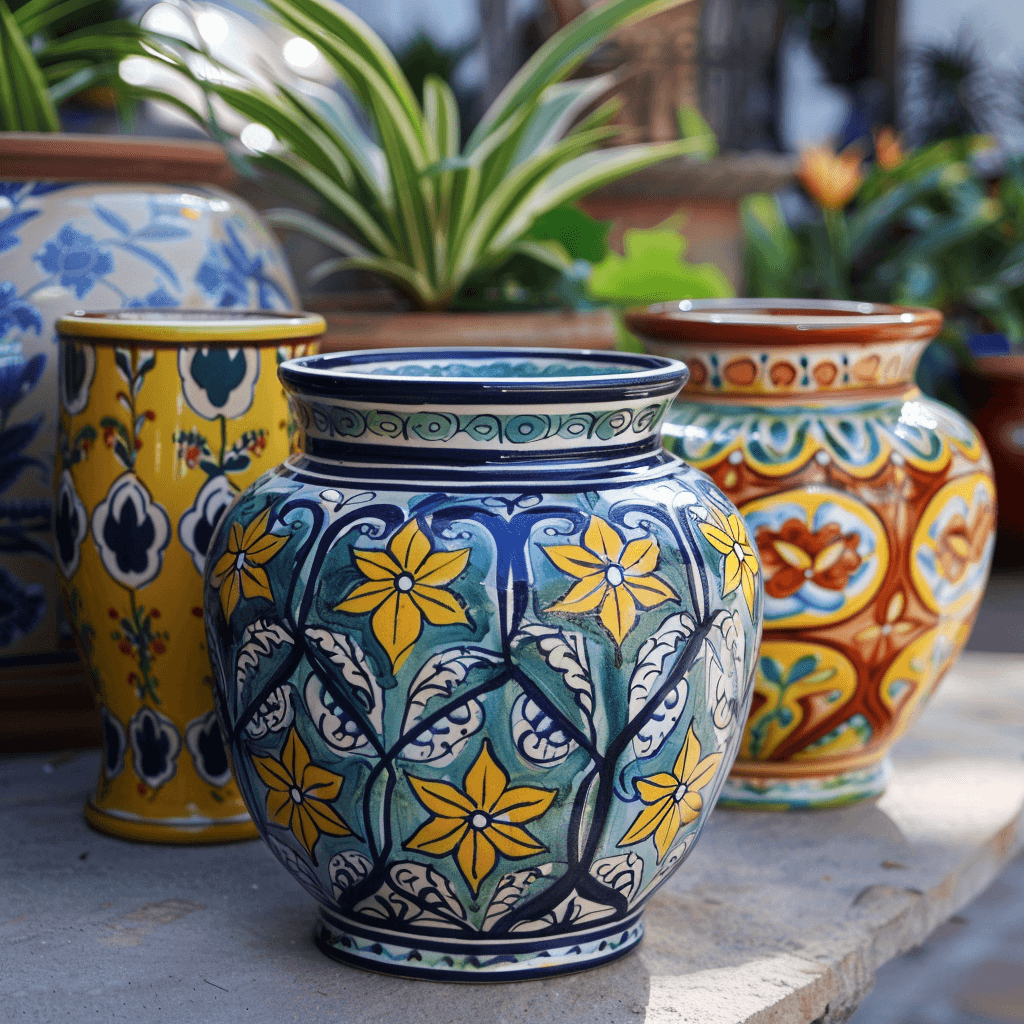 Outdoors Talavera pots in vibrant colors in a Miami home