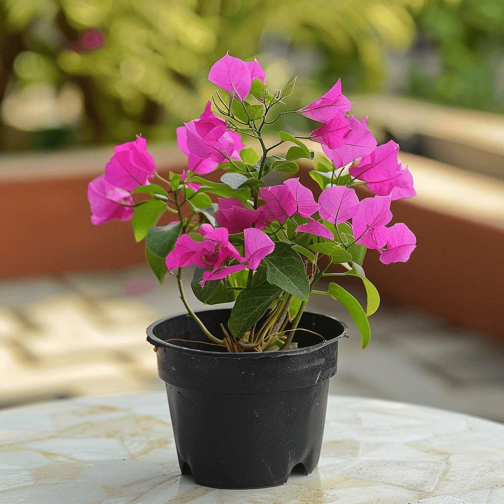 Bright pink bougainvillea in a black pot, perfect for tropical garden in Miami.