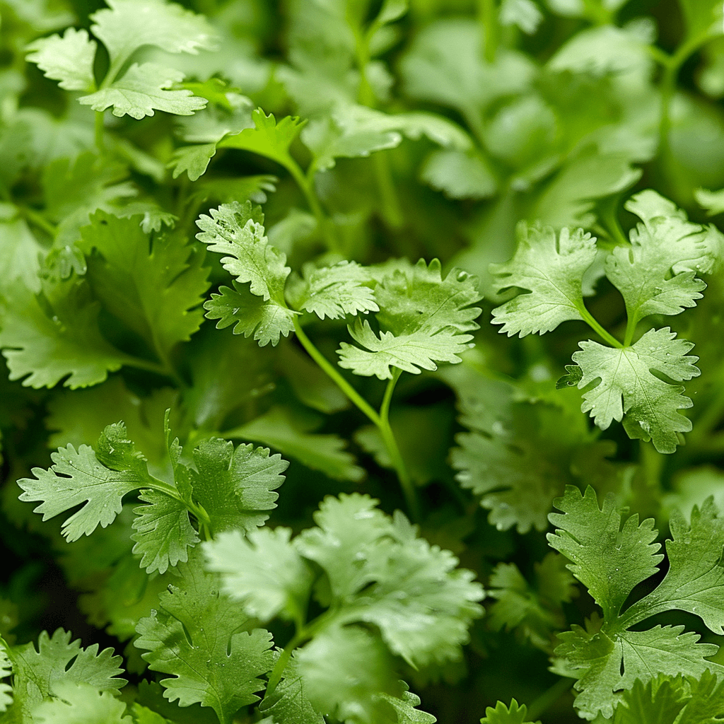 Fresh green cilantro leaves, organic herb close-up, house grown herb.