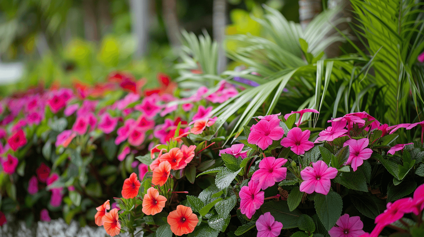 Pink and orange impatiens flowering flowers in a home gardens in Miami