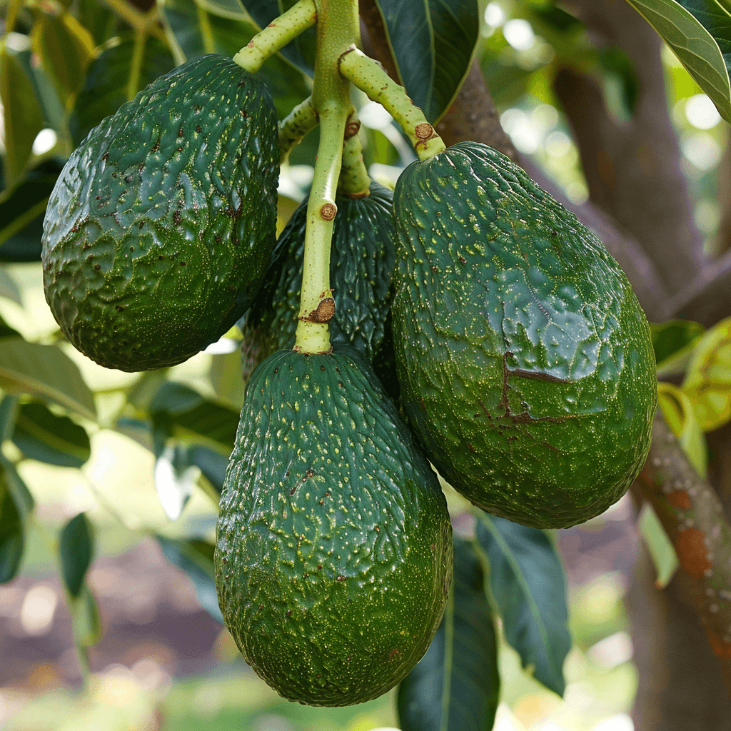 Fresh green avocados growing on a fruit tree for sale in a plant nursery near me