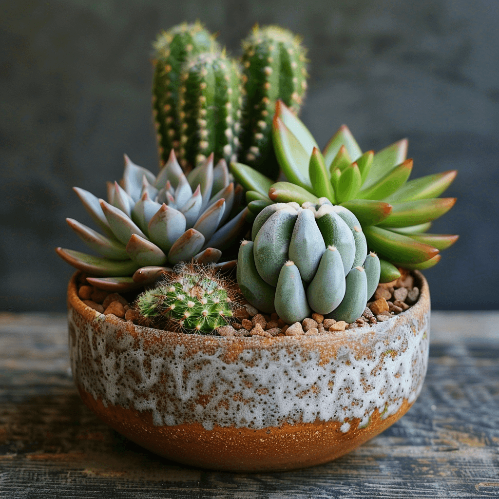 Assorted cacti and succulents arrangement for sale in a plant nursery in Kendall