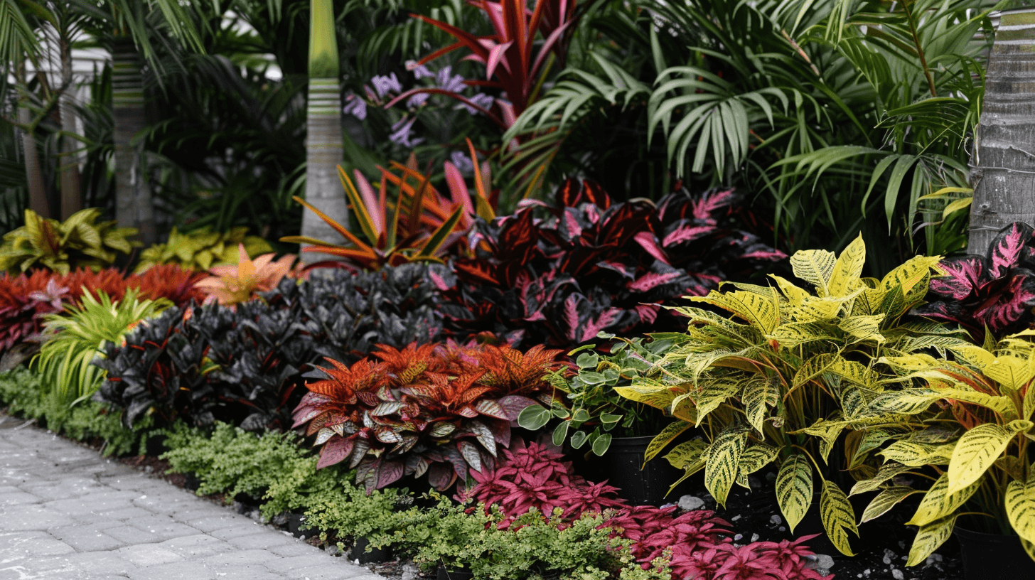 Vibrant tropical garden with colorful Crotons and lush greenery in Miami landscaping