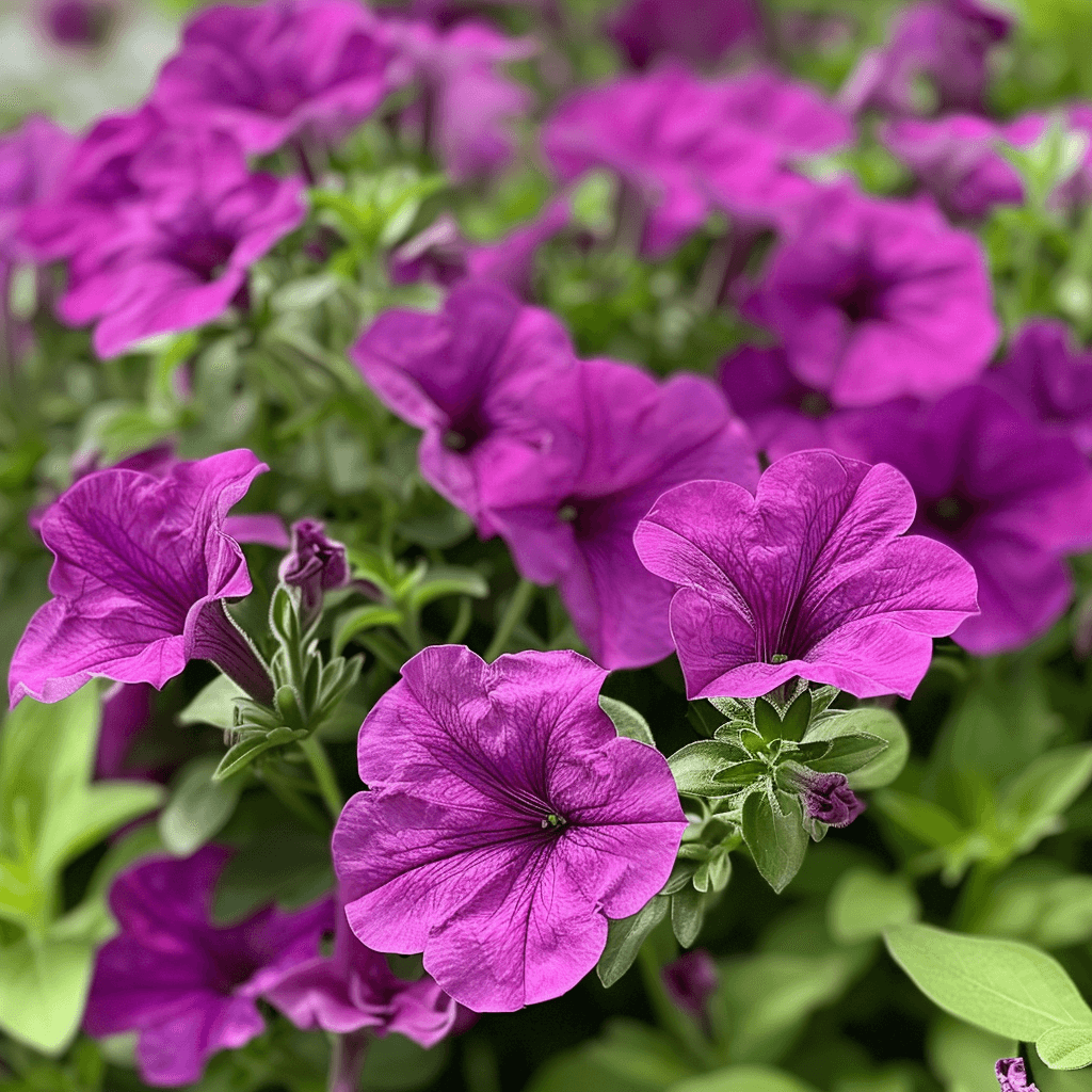 Vibrant purple petunia flowers in full bloom in a Kendall nursery