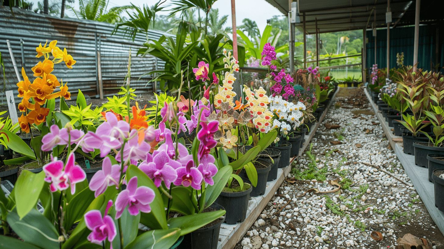 Colorful ground orchids at a tropical nursery with lush greenery