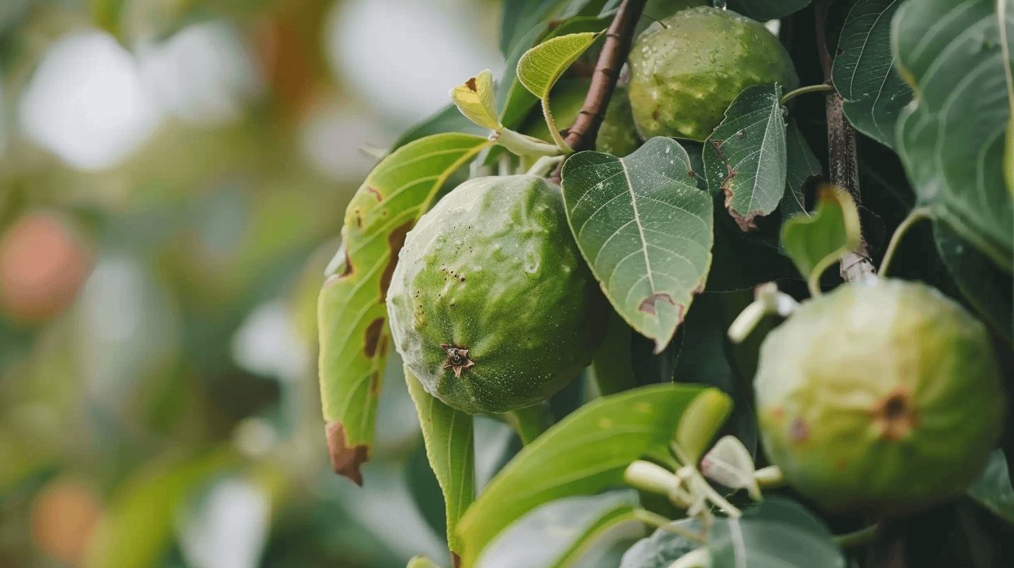 Guavas hanging on a fruit tree in a plant nursery in Kendall