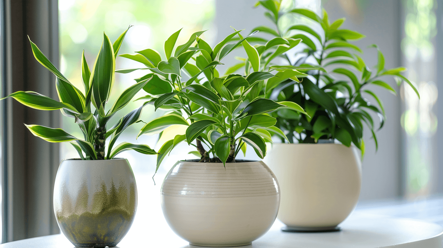 Three lilies in stylish indoor planters on a interior home