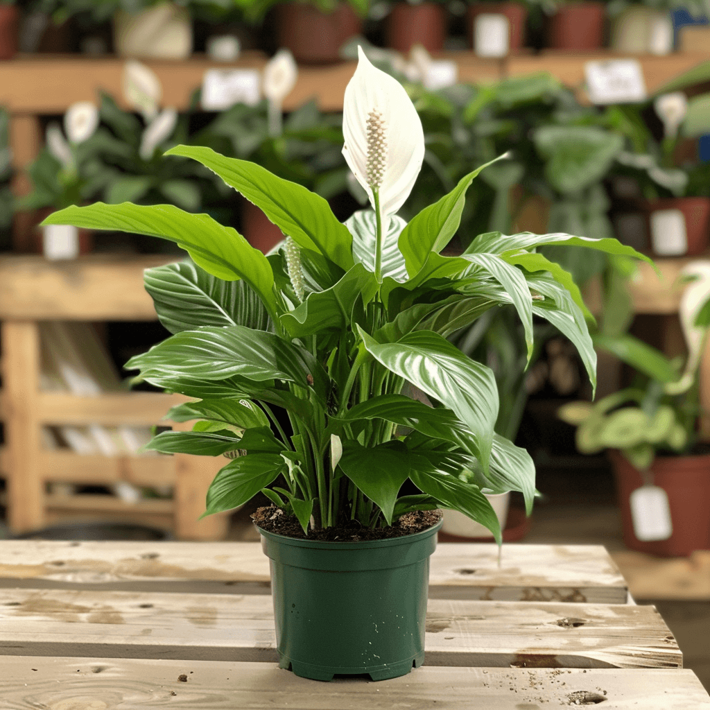 Vibrant peace lily in a green pot at Margarita's Nursery, Kendall