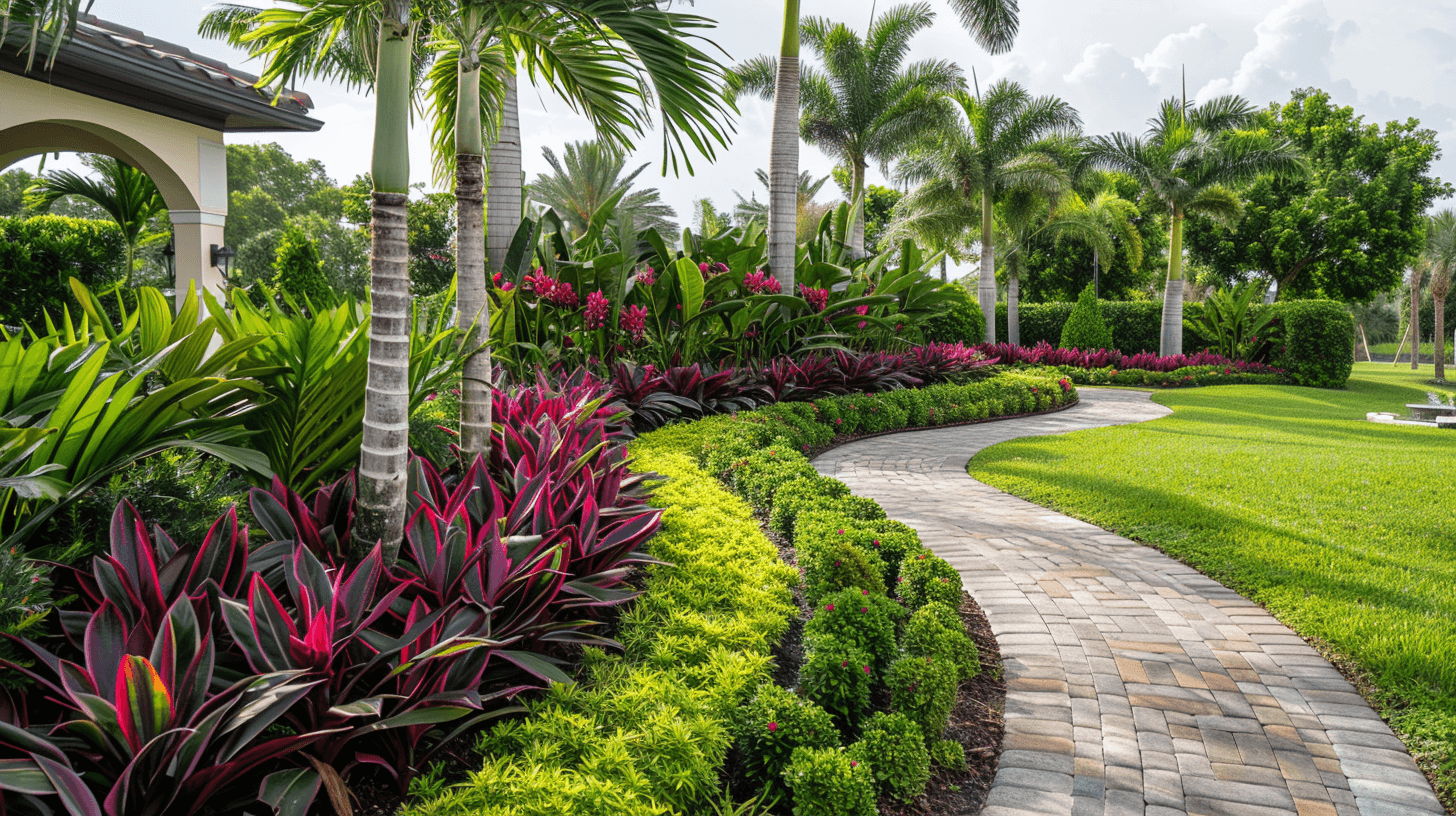 Lush Florida garden with path, tropical palms, and vibrant flowers for residential landscaping