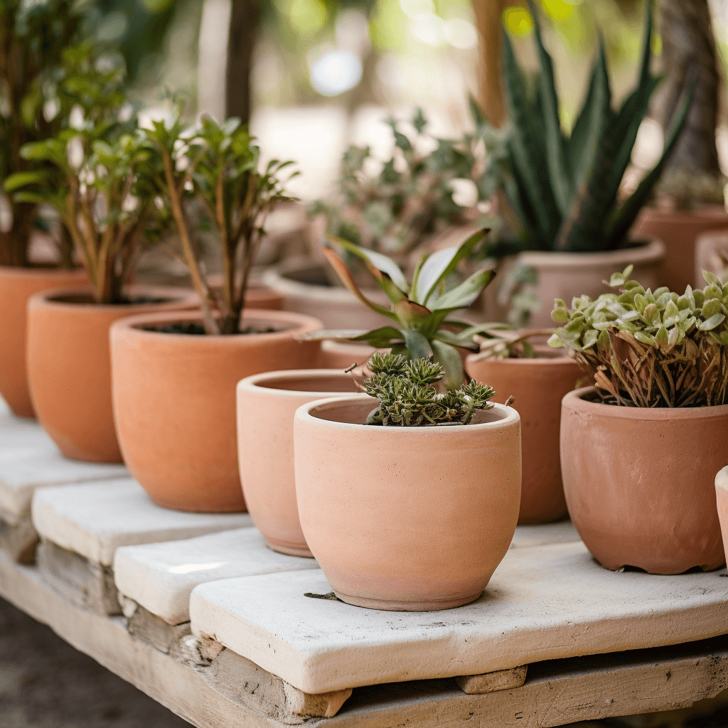 Terracotta pots with succulents and plants on outdoor display shelf