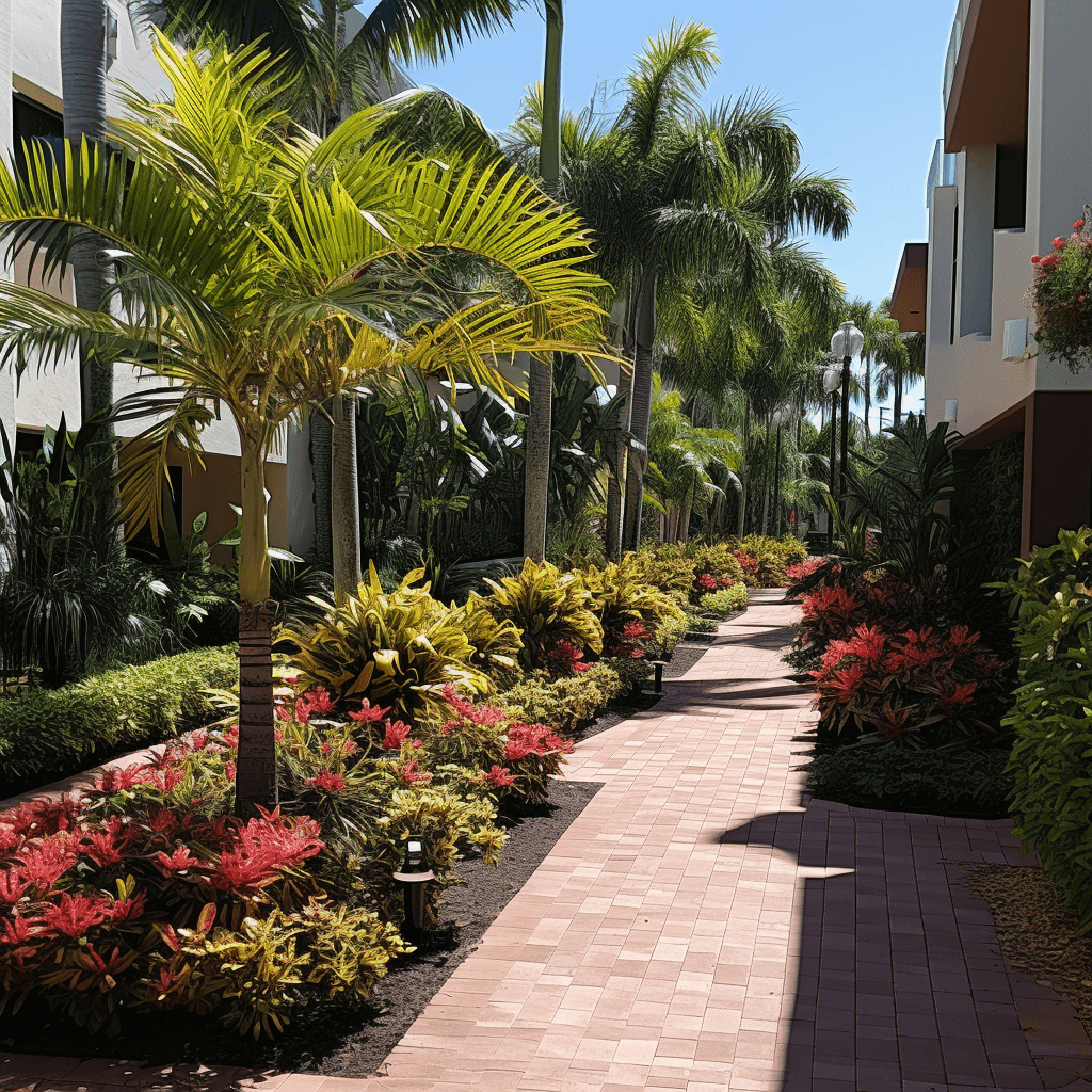 Sunny Miami walkway lined with palms and colorful foliage