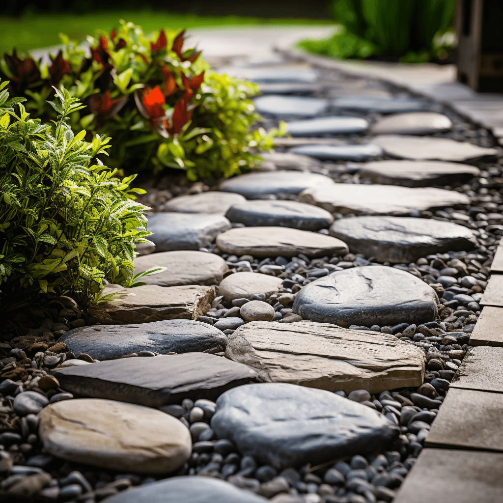 Landscaped garden path with flat stepping stones and pebbles in a Miami home