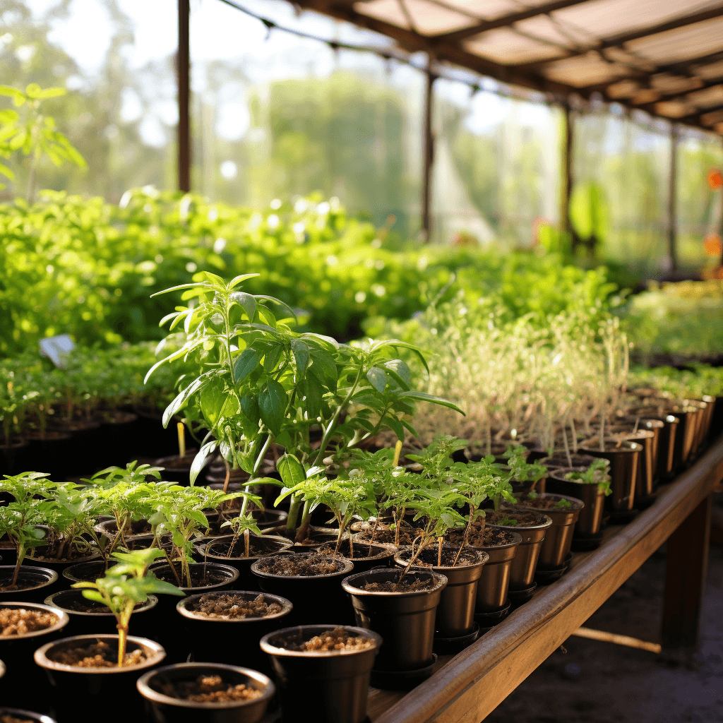 Tropical herb nursery with rows of potted basil and parsley plants