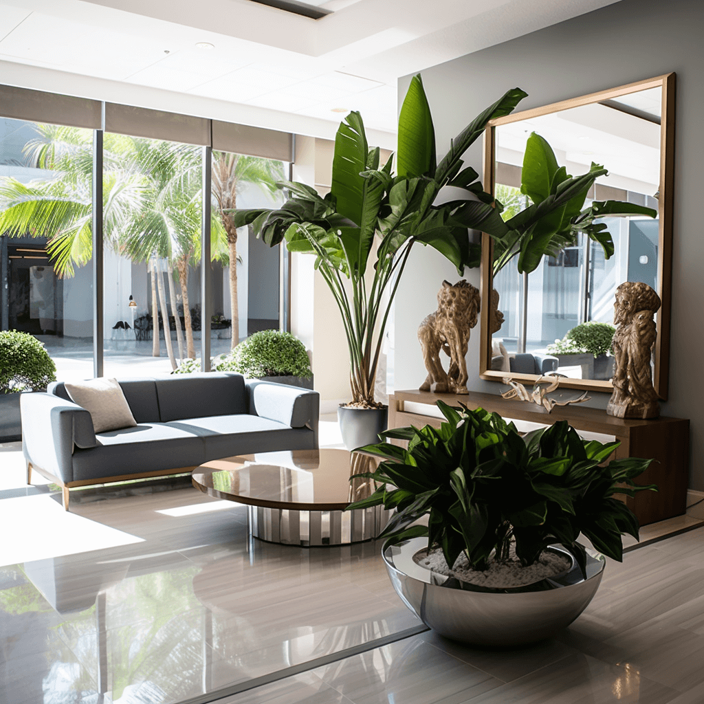 Elegant Miami office lobby with indoor plants and modern furniture