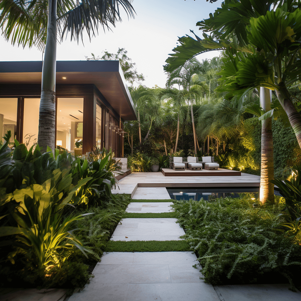 Luxurious Miami home with tropical plants, lush landscaping, and modern design.