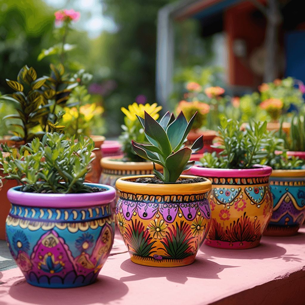 Bright Mexican-style painted pots with succulents on an outdoor garden in Miami