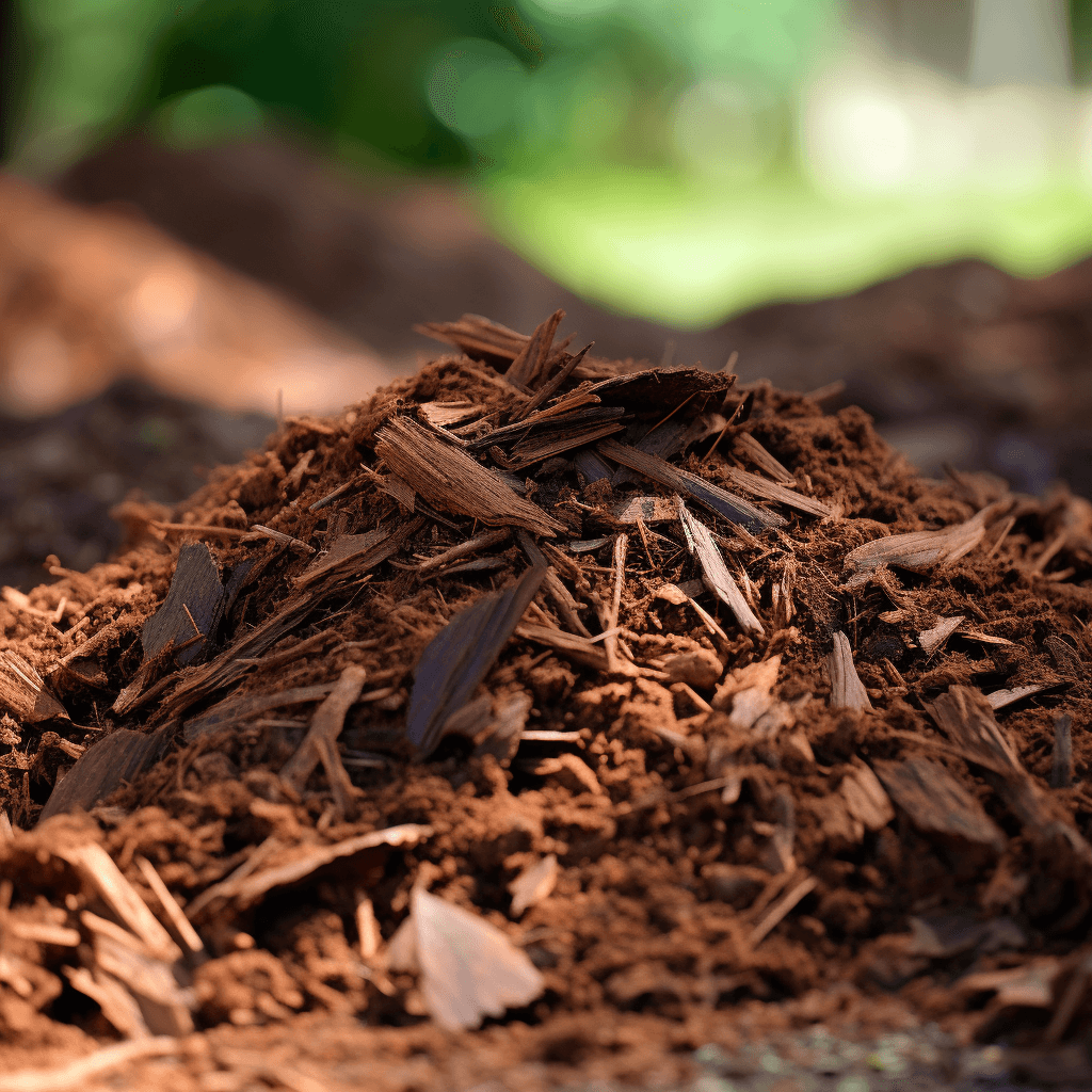 Organic mulch pile in garden soil of sale in a plant nursery in Kendall