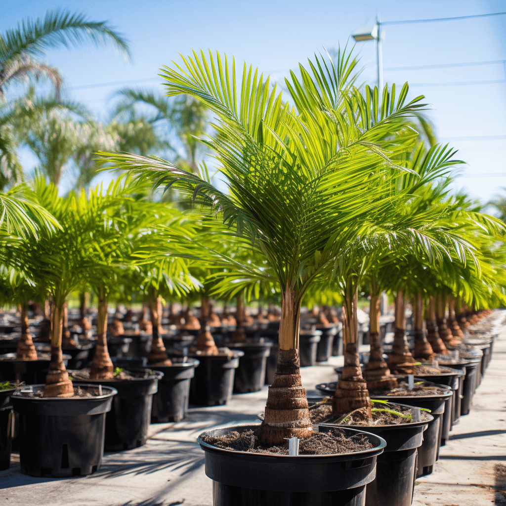 Small palm trees for sale at outdoor garden center and plant nursery in Kendall