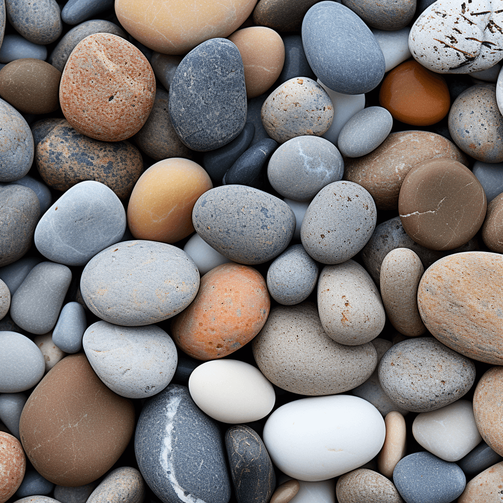 Assorted smooth river pebbles in neutral tones for landscaping