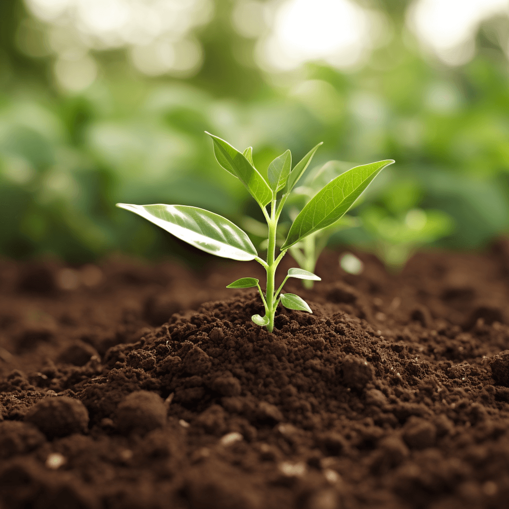 Young plant growing in rich soil, sunlight in a garden center