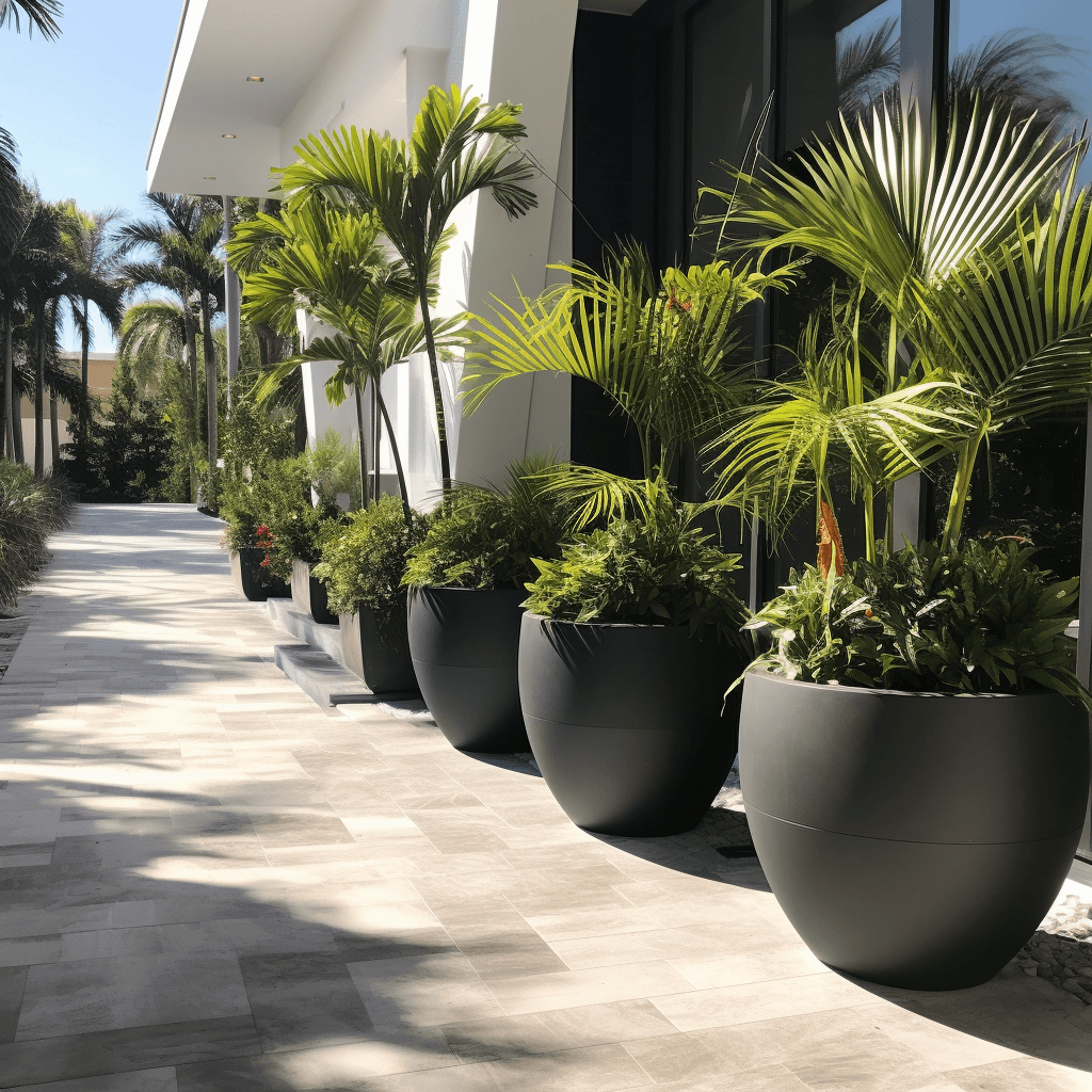 Modern Miami villa with potted palm plants, outdoor plant pots