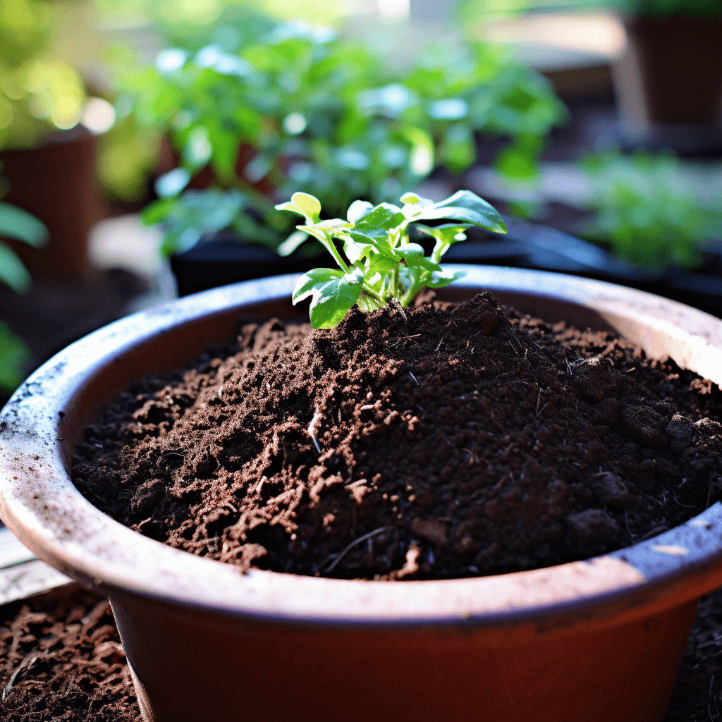 Young plant in terracotta pot with potting soil, indoor gardening