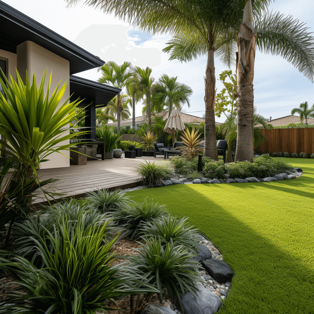 Lush Miami garden with tropical palms, wooden deck, and vibrant green lawn.