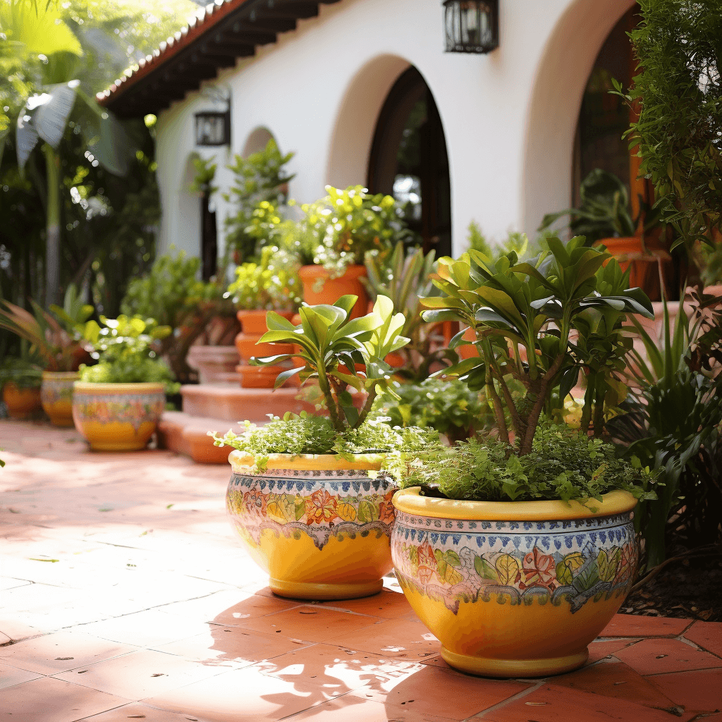 Colorful Spanish-style ceramic planters with greenery on a sunny patio.